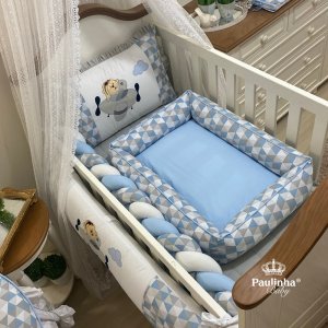Colchonete Ninho Baby Mix Aviador Triângulo Azul e Cinza