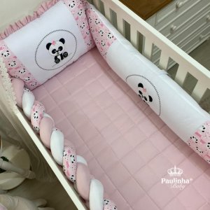 Enxoval de Berço 08 Peças Baby Mix Ursinha Panda Rosa Poá com Trança