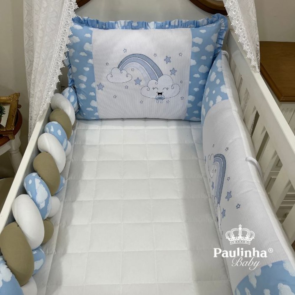 Enxoval de Berço Personalizado 08 Peças Baby Mix Nuvem Azul 140 Fios