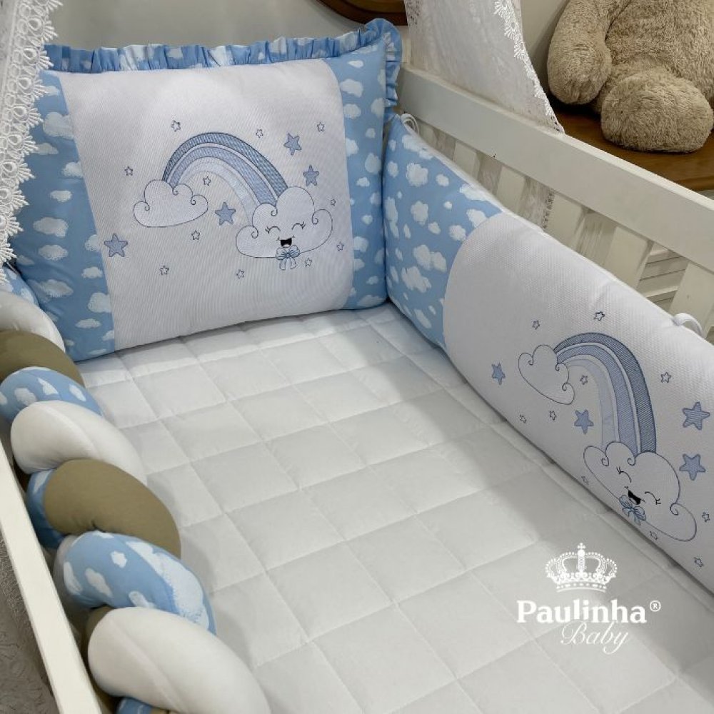 Enxoval de Berço Personalizado 08 Peças Baby Mix Nuvem Azul 140 Fios