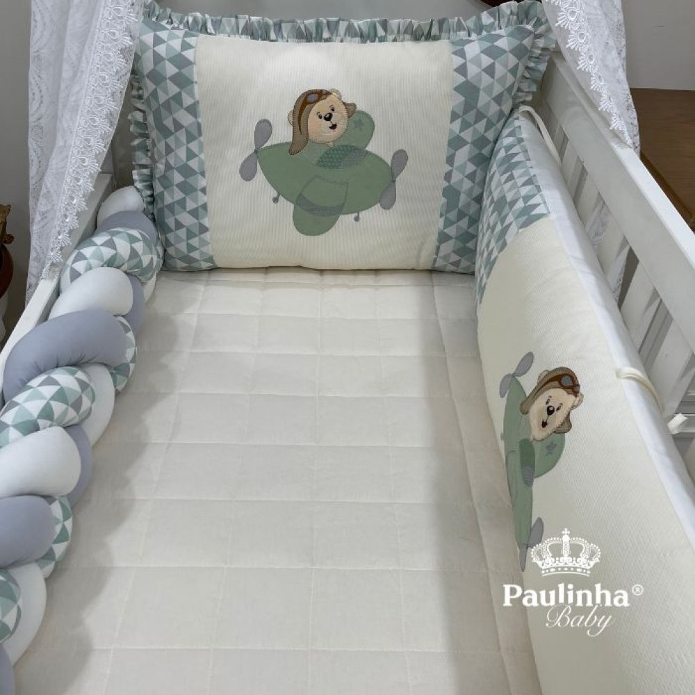 Enxoval de Berço Personalizado 08 Peças Baby Mix Urso Aviador 140 Fios