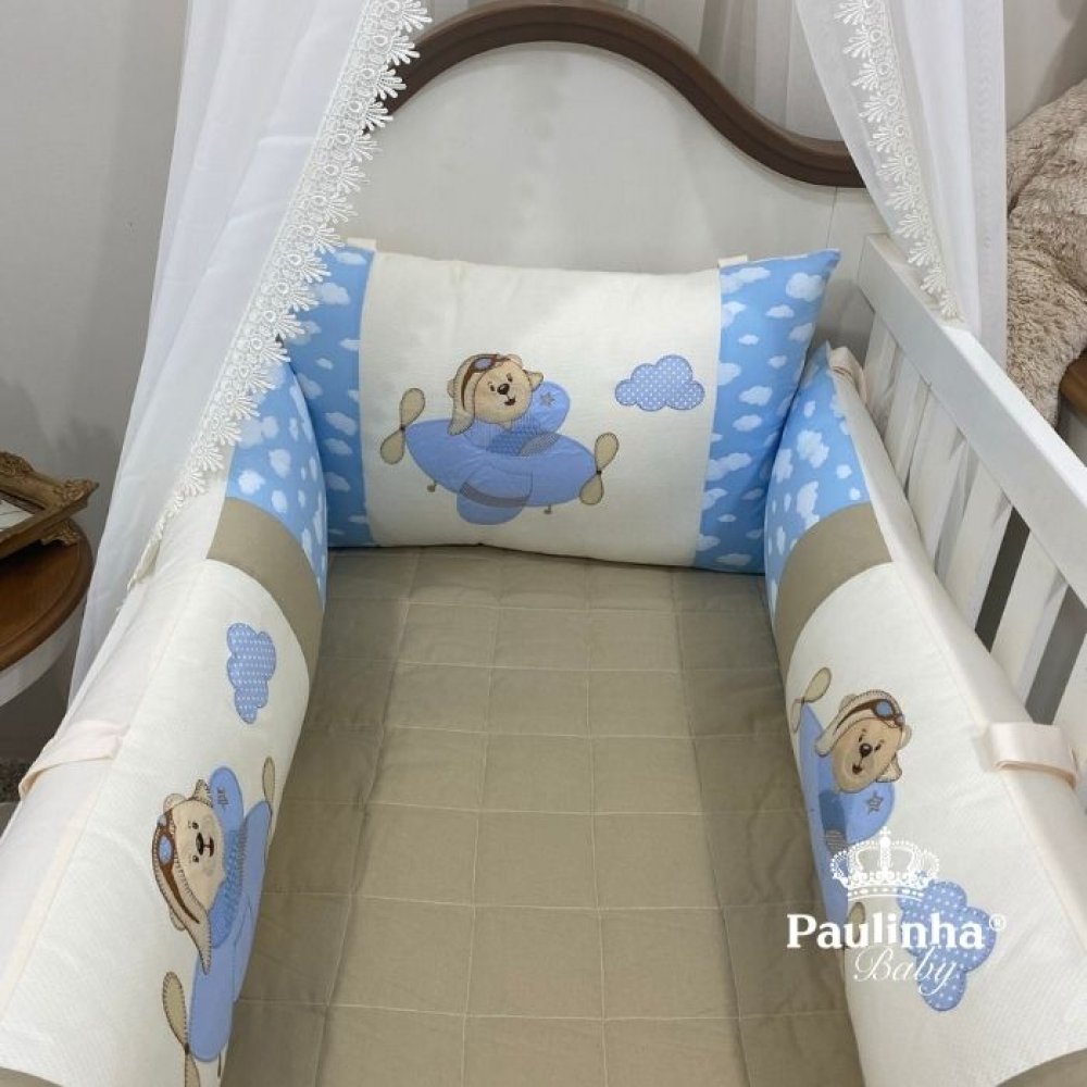 Enxoval de Berço 07 Peças Baby e Baby Ursinho Aviador Nuvem Azul