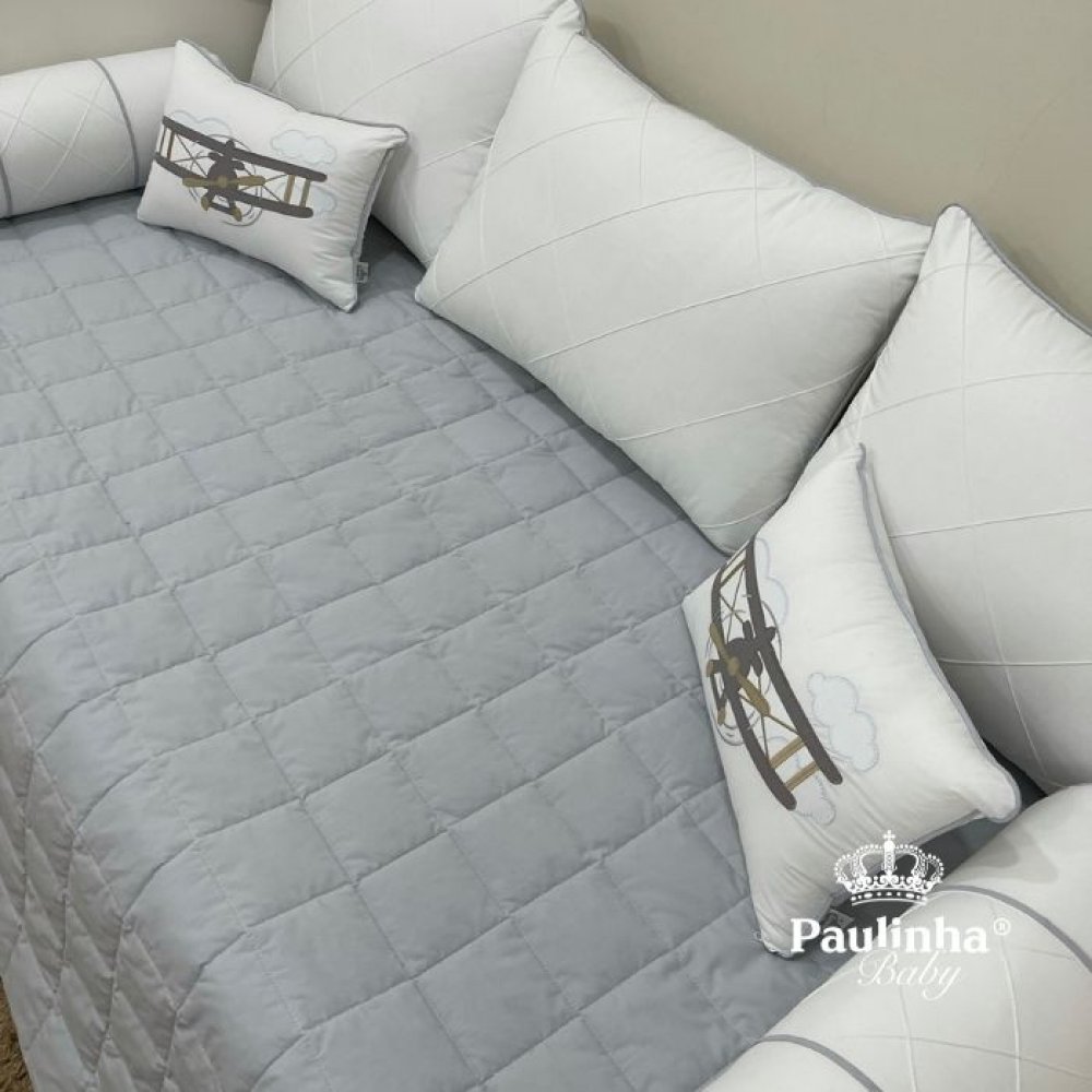 Enxoval de Cama Babá 06 Peças Aviador Baby Branco e Cinza 200 Fios