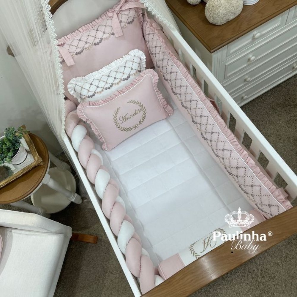 Enxoval de Berço Personalizado 08 Peças Mali Baby Rose e Branco