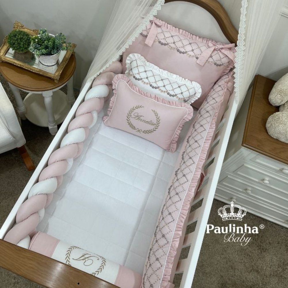 Enxoval de Berço Personalizado 08 Peças Mali Baby Rose e Branco