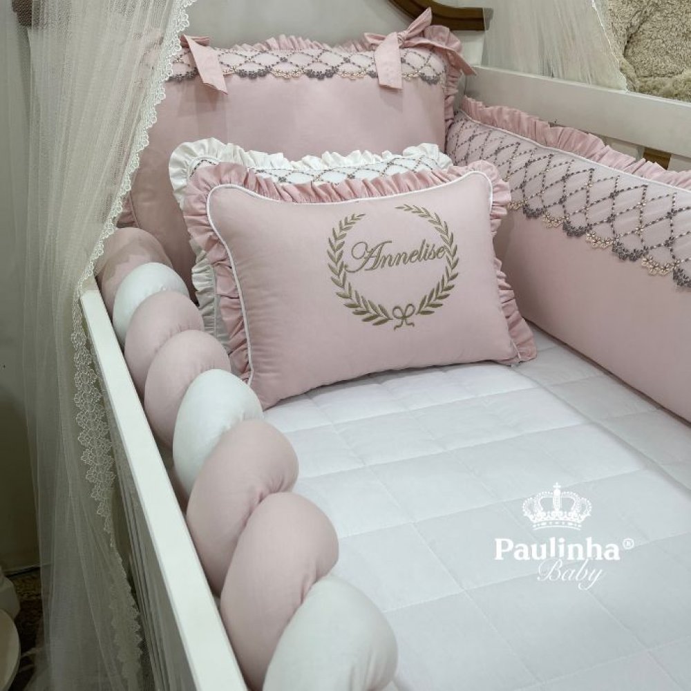 Enxoval de Berço Personalizado 08 Peças Mali Baby Rose e Branco