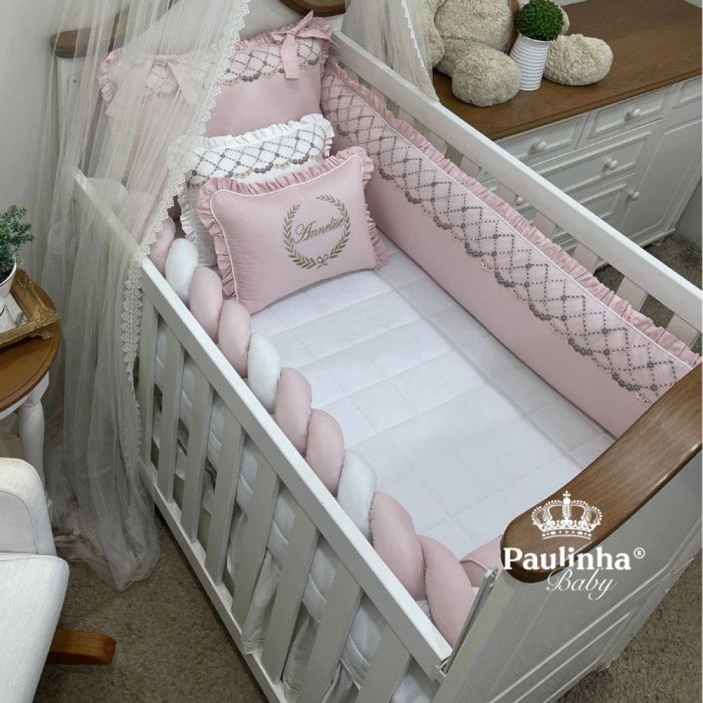 Enxoval de Berço Personalizado 08 Peças Mali Baby Rose e Branco