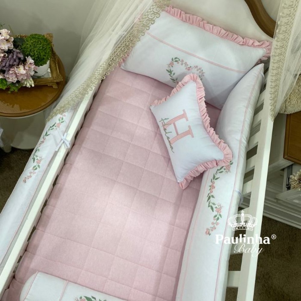 Enxoval de Berço 08 Peças Cute Baby Coração Florido Rosa 140 Fios