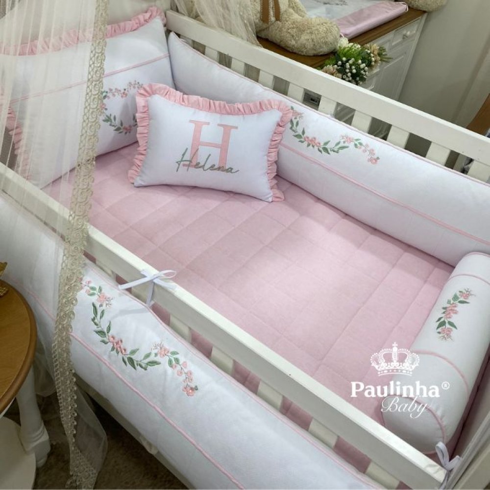 Enxoval de Berço 08 Peças Cute Baby Coração Florido Rosa 140 Fios