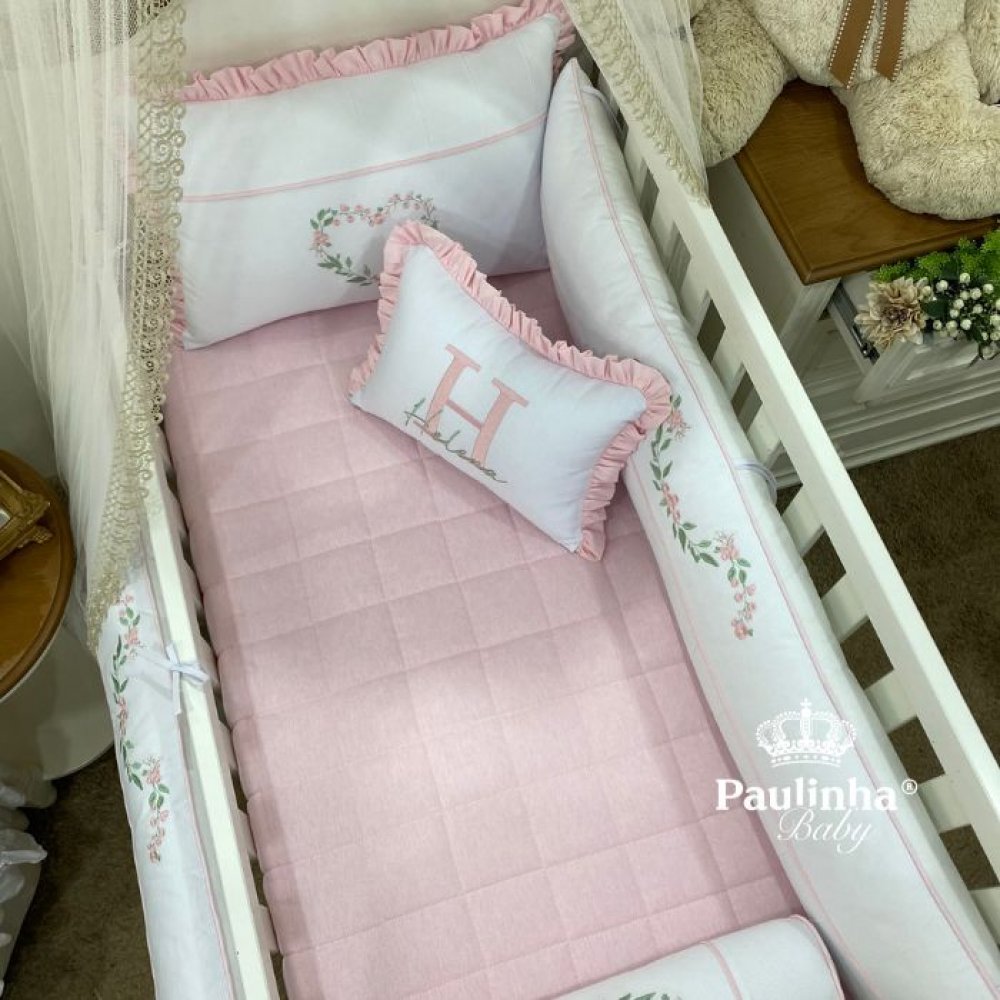 Enxoval de Berço 08 Peças Cute Baby Coração Florido Rosa 140 Fios