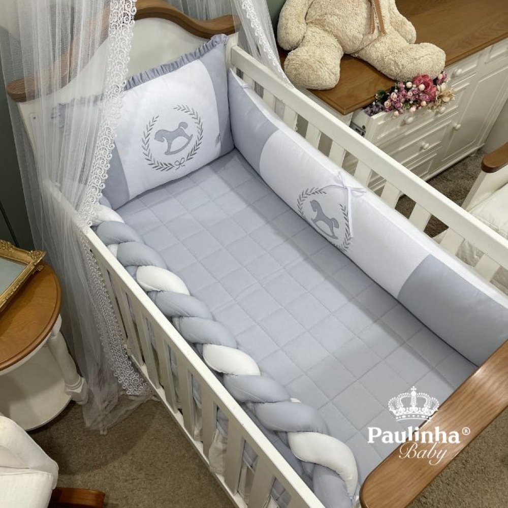 Enxoval de Berço Personalizado 08 Peças Baby Mix Cavalinho Cinza 140 F