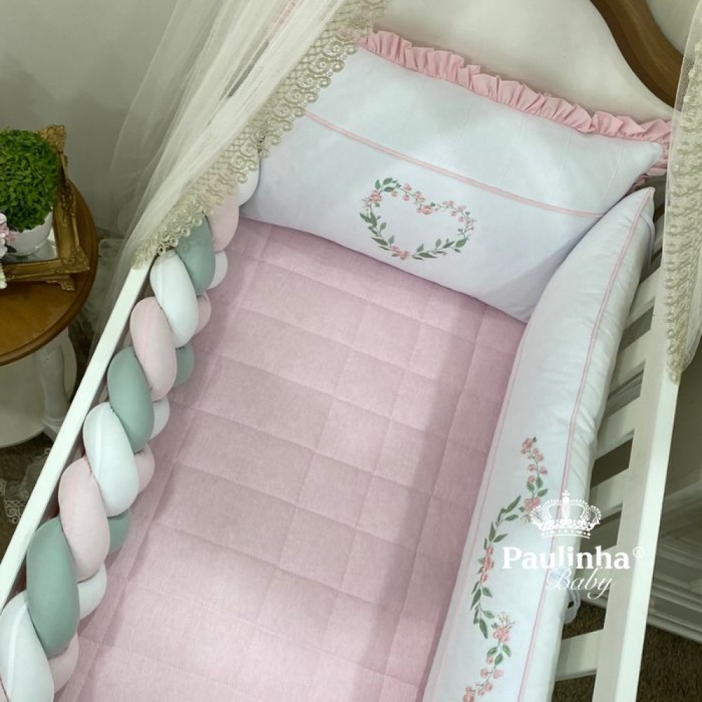 Enxoval de Berço 08 Peças Com Trança Cute Baby Coração Florido Rosa 14