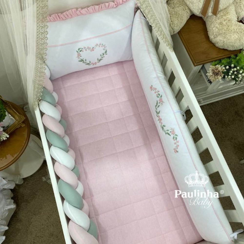 Enxoval de Berço 08 Peças Com Trança Cute Baby Coração Florido Rosa 14