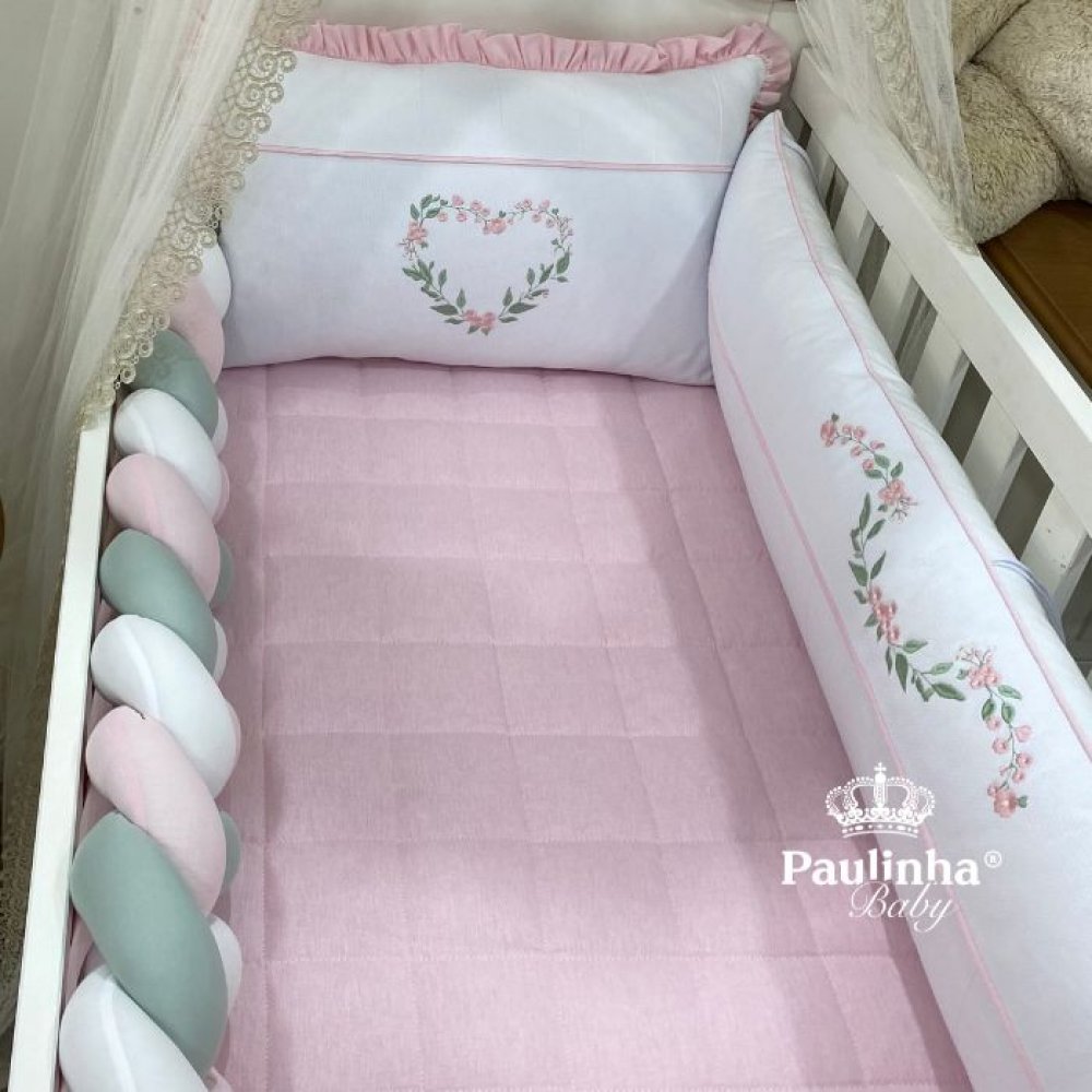 Enxoval de Berço 08 Peças Com Trança Cute Baby Coração Florido Rosa 14
