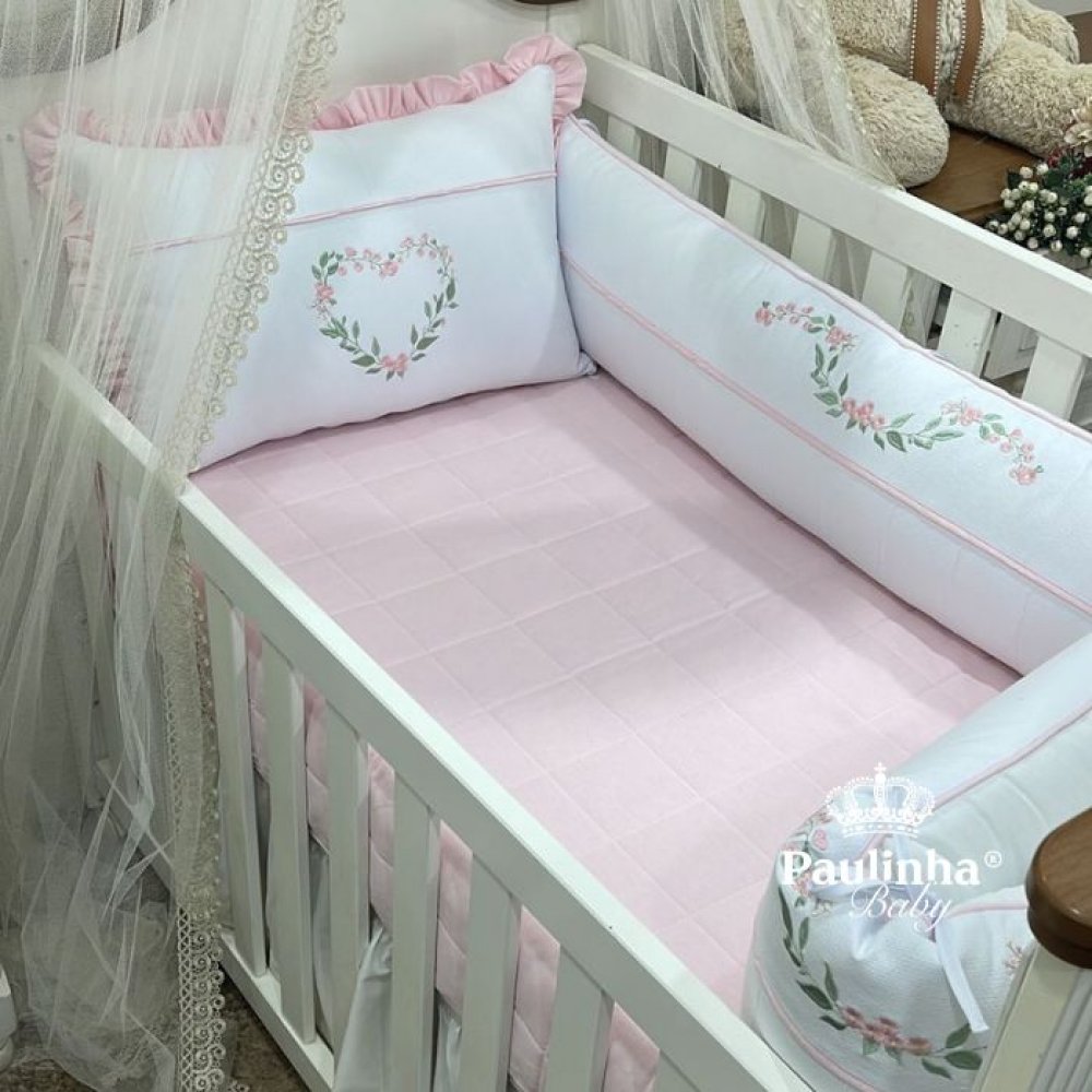 Enxoval de Berço 08 Peças Coração Florido Rosa BB Cute Baby