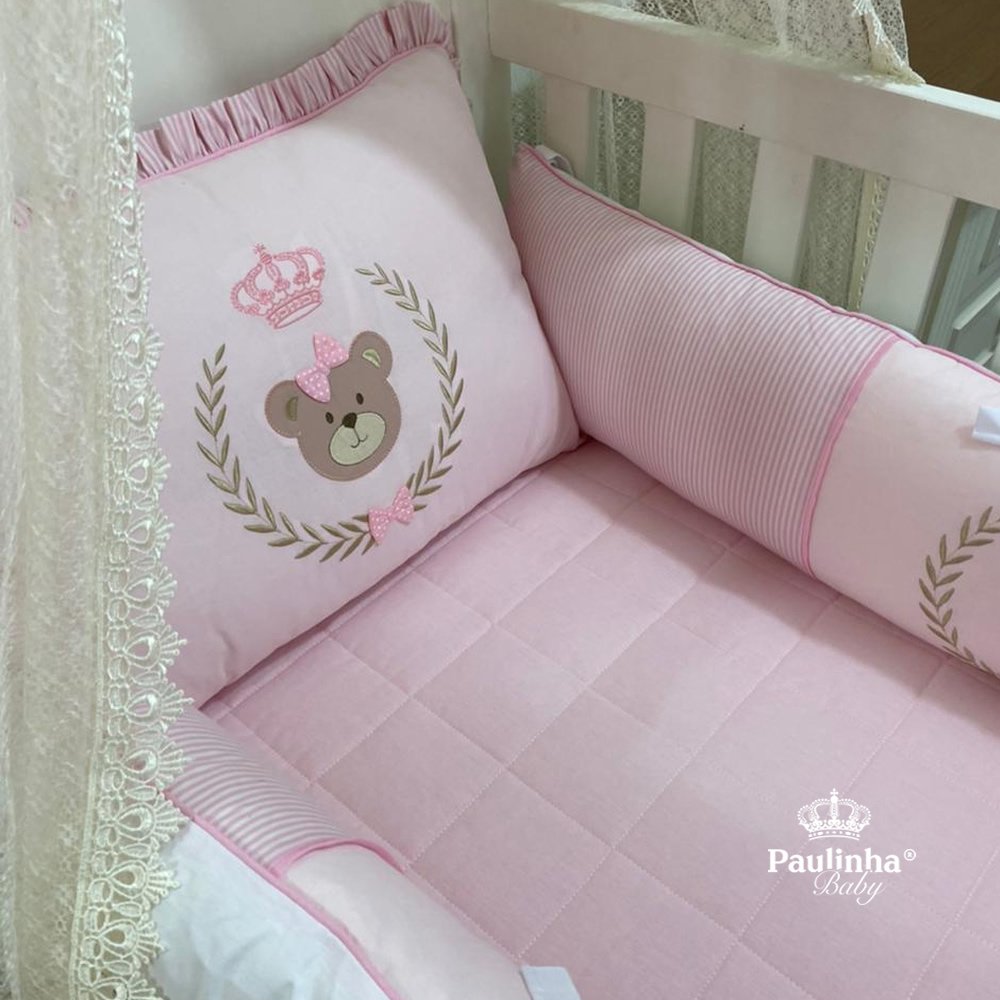 Enxoval de Berço 08 Peças Real Baby Ursa Laço Listrado Rosa