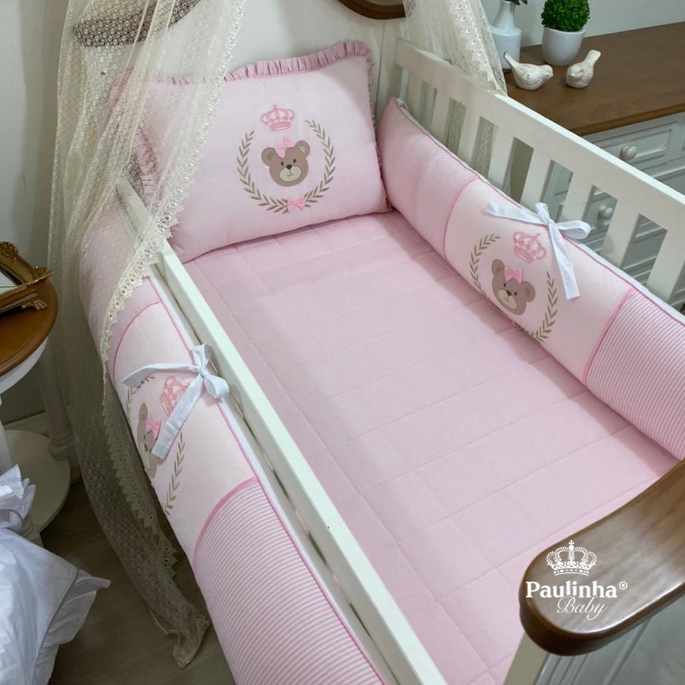 Enxoval de Berço 08 Peças Real Baby Ursa Laço Listrado Rosa