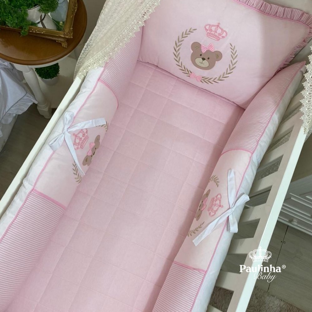 Enxoval de Berço 08 Peças Real Baby Ursa Laço Listrado Rosa