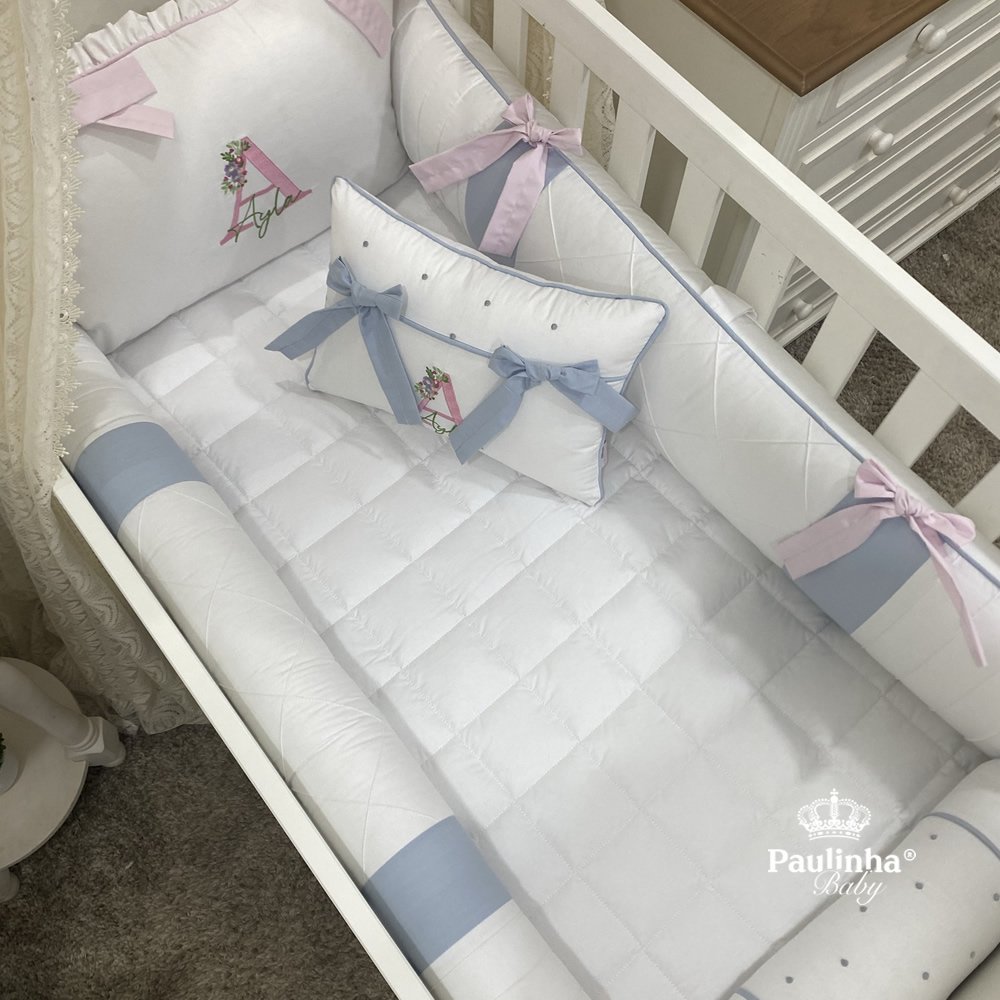 Enxoval de Berço 08 Peças Ayla Baby Cinza e Rosa 200 Fios