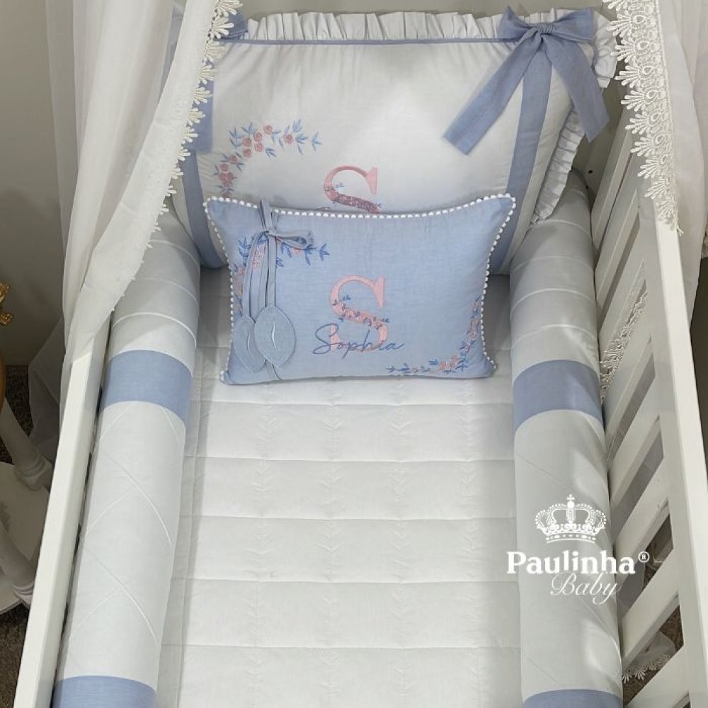 Enxoval de Berço 08 Peças Personale Baby Azul Chambre e Rose 200 Fios