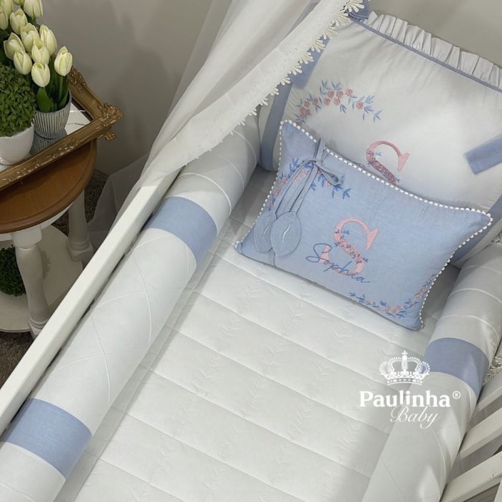 Enxoval de Berço 08 Peças Personale Baby Azul Chambre e Rose 200 Fios