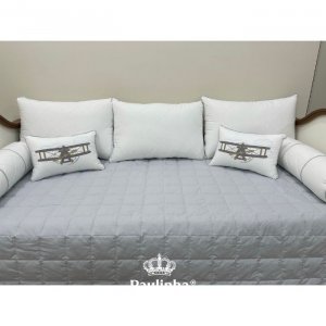 Enxoval de Cama Babá 06 Peças Aviador Baby Branco e Cinza 200 Fios