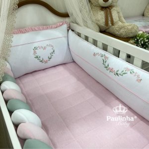 Enxoval de Berço 08 Peças Com Trança Cute Baby Coração Florido Rosa 14