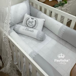 Enxoval de Berço 08 Peças Glamour Baby Branco e Cinza Cavalinho 200 Fi