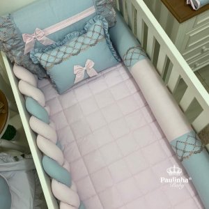 Enxoval de Berço 08 Peças Dream Baby Cinza e Rosa 200 Fios