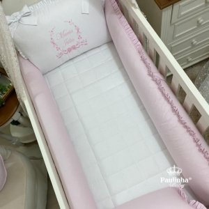 Enxoval de Berço 08 Peças Personale Branco e Rosa Bordado Floral 200 F