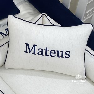 Almofada Bordada Personalizada Mateus Baby Linho e Marinho 200 Fios