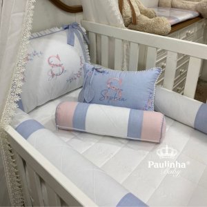 Enxoval de Berço 08 Peças Personale Baby Azul Chambre e Rose 200 Fios